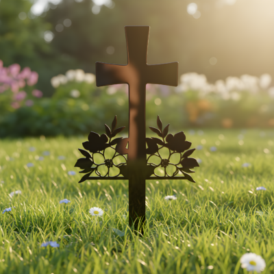 Cross & Flowers Grave Marker