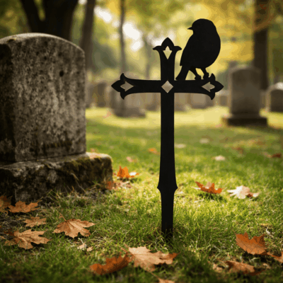 Black acrylic cross with silhouette of robin sitting on it placed in a graveyard next to a headstaone