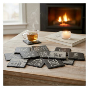An assortment of 12 engraved slates with intricate illustrations laying atop a coffee table with a glass mug of tea and a candle on the table with a lit fireplace in the background