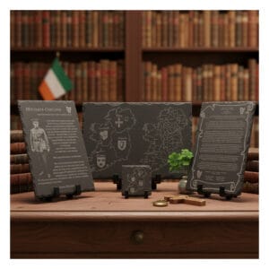 Slate plaques embellishing Irish characters and maps, resting on stands on an oak table with a old library wall of books in the background with small Irish flag.