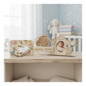 Three wooden products resting on a light beech table located in a kids room with a cot and teddy bear in the background.