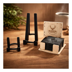 Plastic stands for slate plaques and coasters next to a wooden coaster holder with a second coaster holder behind it showing Mason Crafts logo engraved into it.