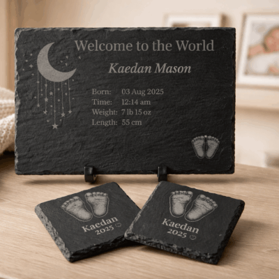 Personalised Newborn Keepsake Bundle Ireland – Slate Plaque & Baby Coasters