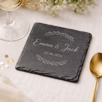 Personalised Slate Wedding Coaster – Custom Engraved Name & Date (Ireland)