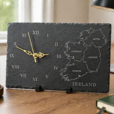 Engraved slate clock featuring the four provinces of Ireland with gold clock hands