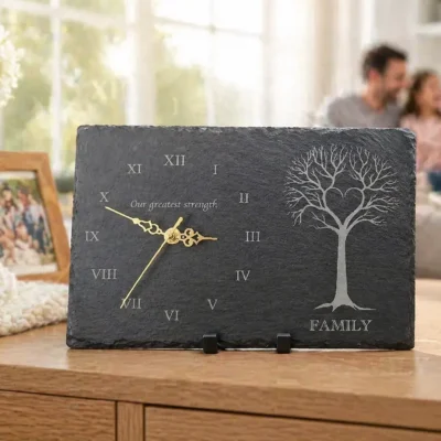 Engraved slate clock featuring a family tree design with gold clock hands