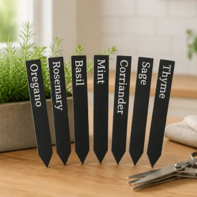 Engraved slate herb garden markers with herb names including basil, mint, rosemary, sage, thyme, and oregano