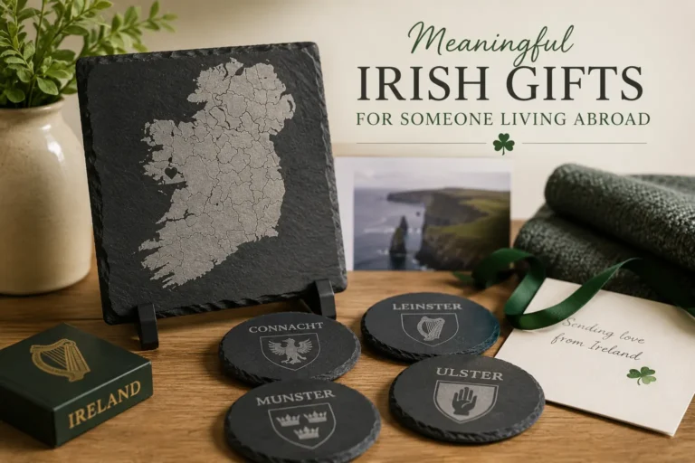 Irish gifts for someone living abroad, featuring an engraved map of Ireland and Irish slate coasters